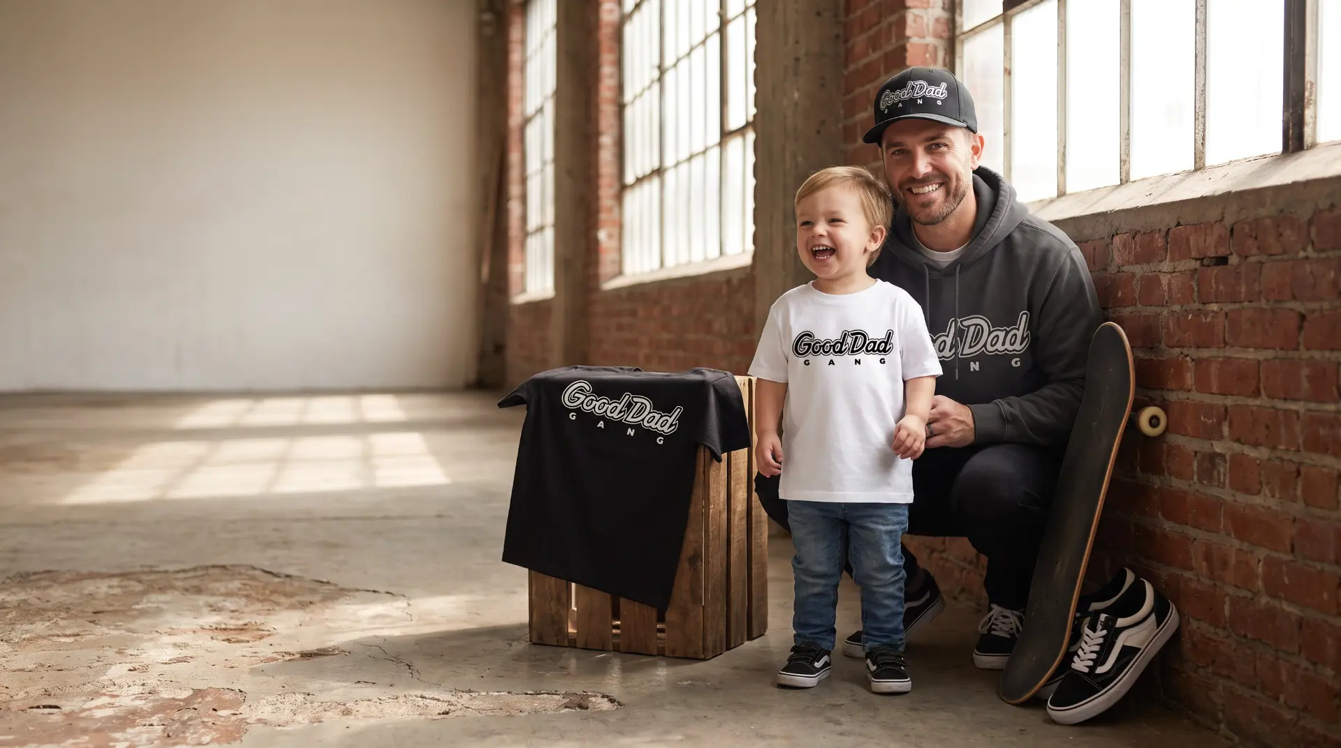 A father in a Good Dad Gang hoodie kneeling beside his laughing son in a sunlit brick loft