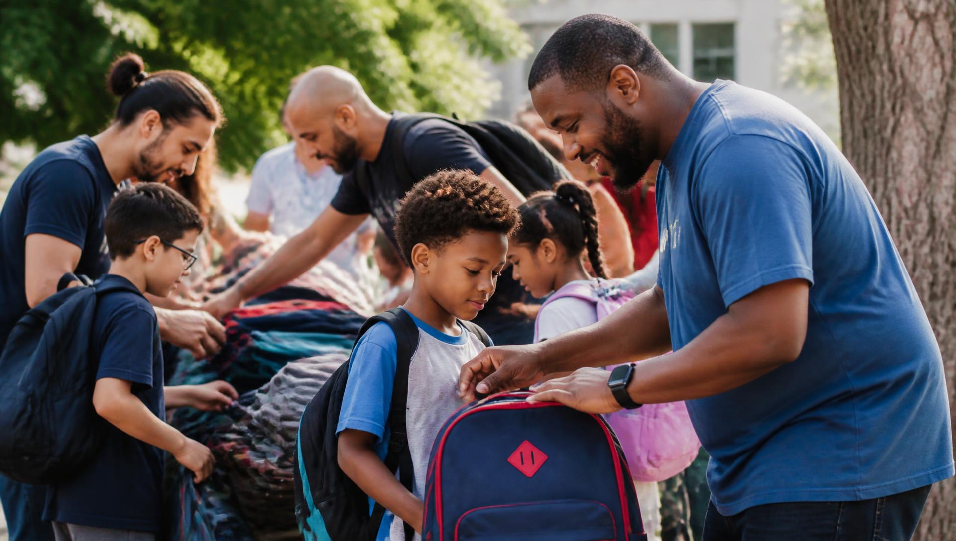 Fathers volunteering at a community backpack drive